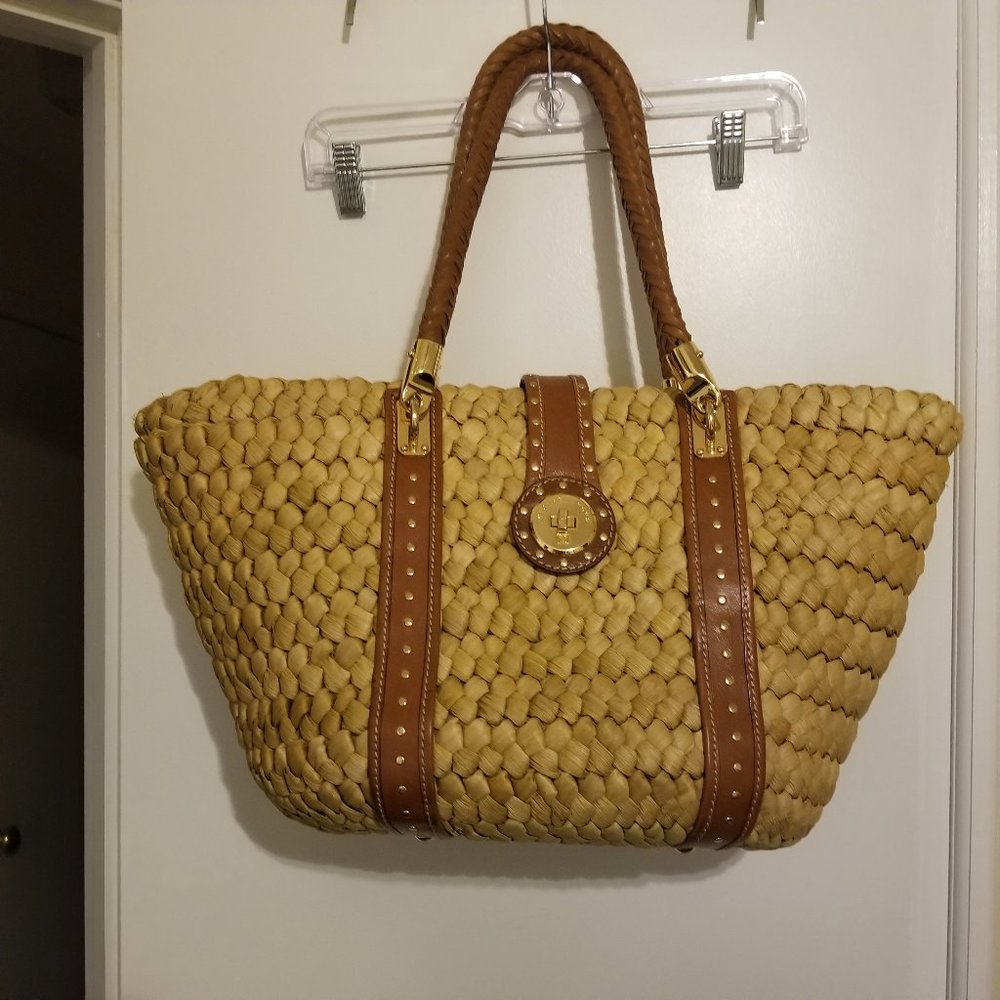 Michael Kors Santorini Raffia Tan Leather Large Staw Bag, Tote